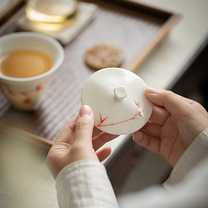 Mutton Fat Jade Porcelain Red Bamboo Tea Set - Zen&Sip