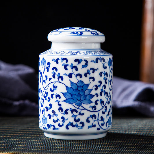 Blue & White Lotus Scroll Tea Caddy - Zen&Sip