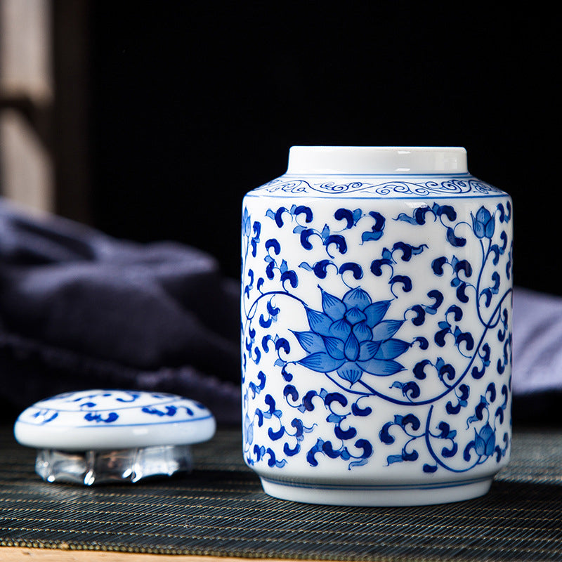 Blue & White Lotus Scroll Tea Caddy