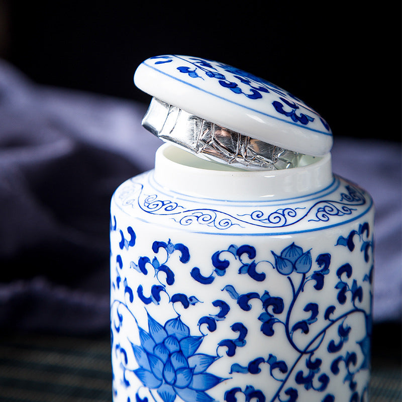 Blue & White Lotus Scroll Tea Caddy