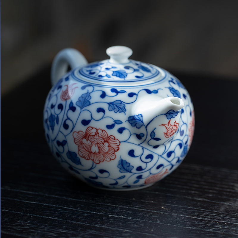 Blue & White Underglaze Red Peony Teapot - Zen&Sip