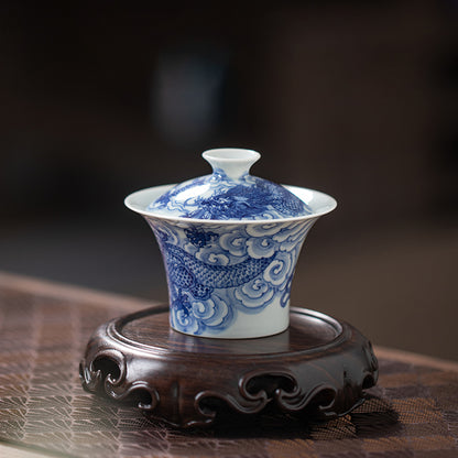 Blue & White extending auspicious cloud and dragon motif Gaiwan (Two Piece) - Zen&Sip