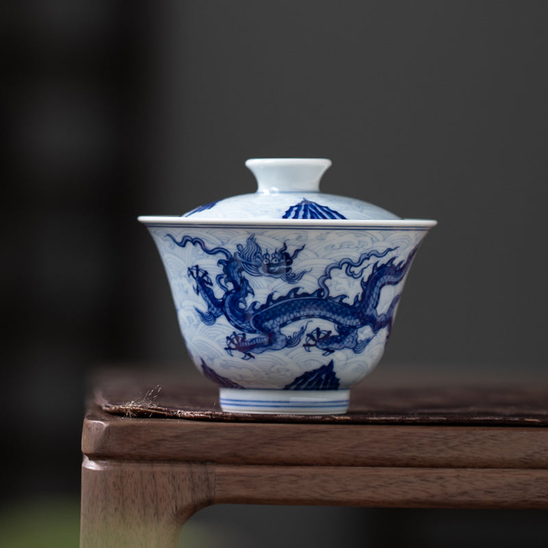 Blue & White Waves And Dragon Motif Gaiwan (Two Piece)