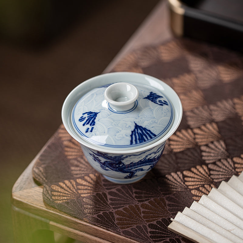 Blue & White Waves And Dragon Motif Gaiwan (Two Piece)