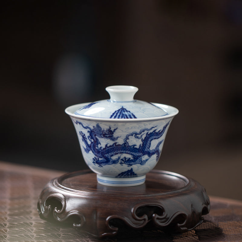 Blue & White Waves And Dragon Motif Gaiwan (Two Piece)