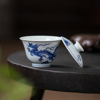 Blue & White Waves And Dragon Motif Gaiwan (Two Piece)