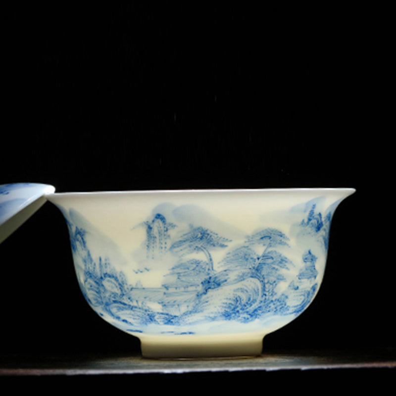 Blue & White Detailed Landscape Gaiwan (Three Piece)