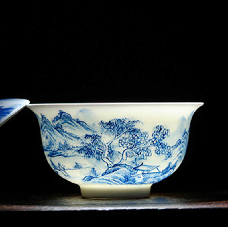 Blue & White Bold Landscape Gaiwan (Three Piece)