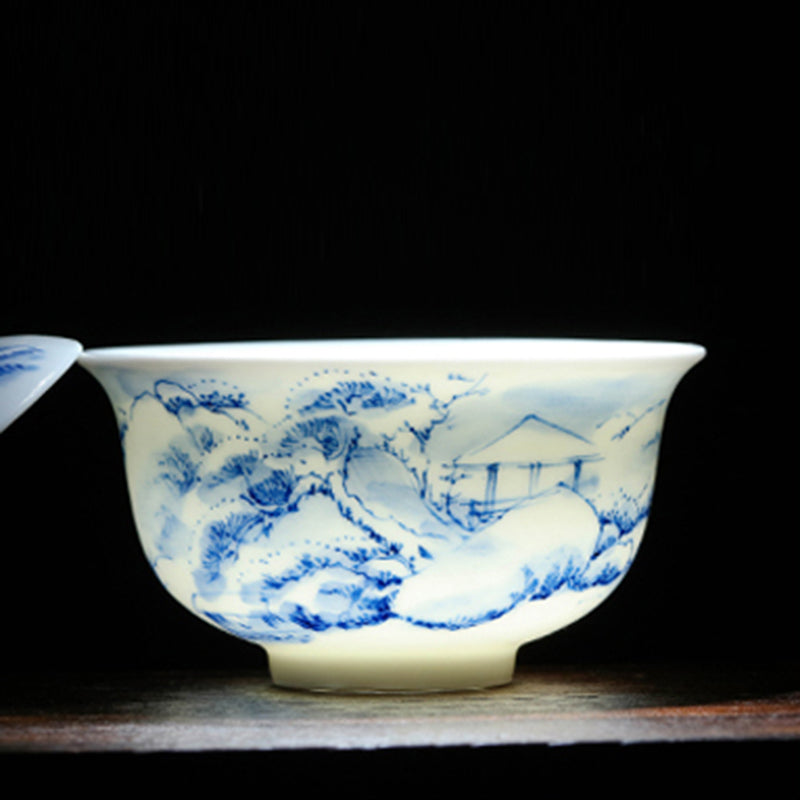 Blue & White Snow Scene Landscape Gaiwan (Three Piece)