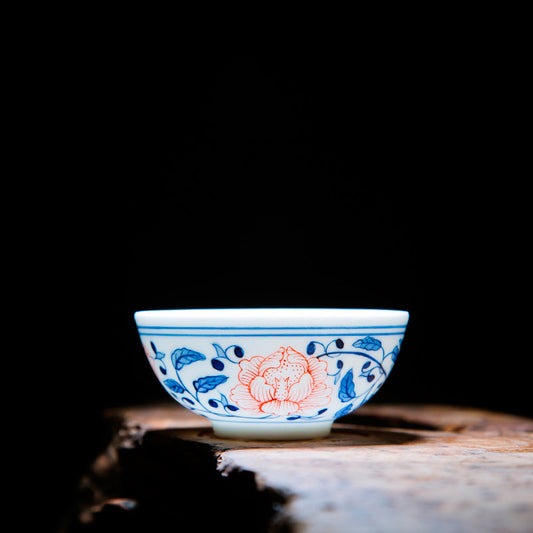 Blue & White Underglaze Red Peony Cup Pu'er Master Cup - Zen&Sip