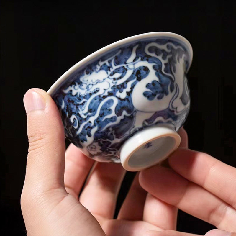 Yuan Blue & White Hand Painted Flame Dragon Master Cup