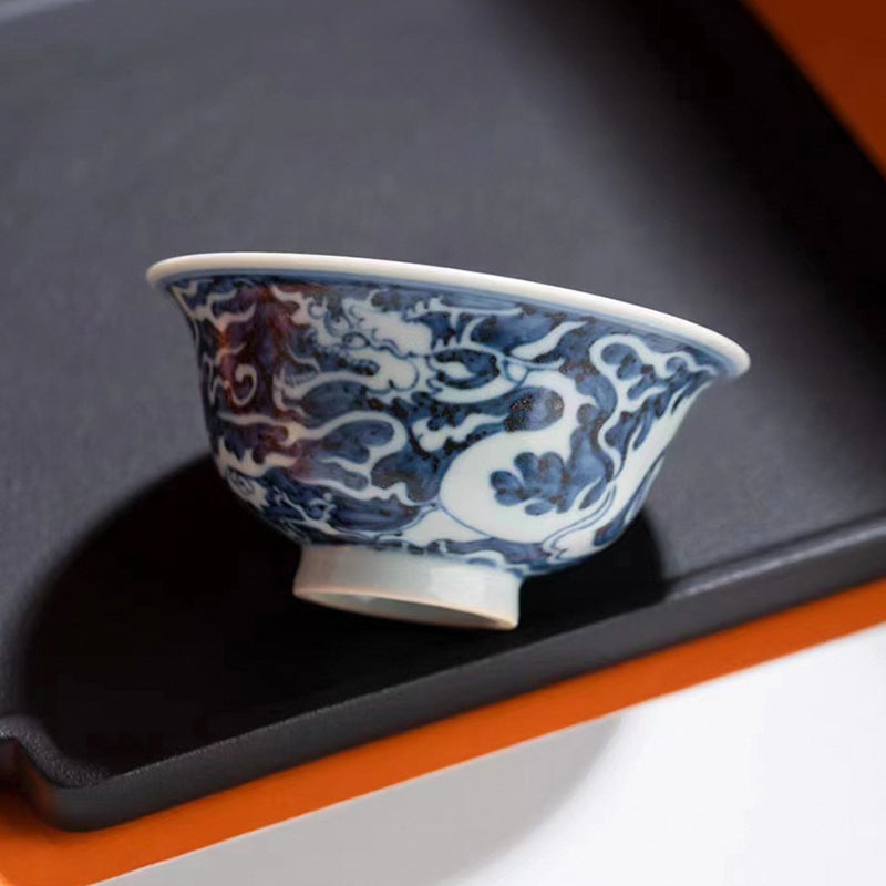 Yuan Blue & White Hand Painted Flame Dragon Master Cup