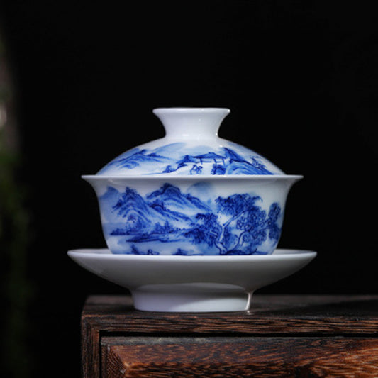 Blue and White Detailed Landscape Gaiwan - Zen&Sip