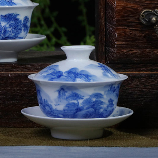 Blue and White Detailed Landscape Gaiwan - Zen&Sip