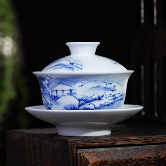Blue and White Detailed Landscape Gaiwan - Zen&Sip