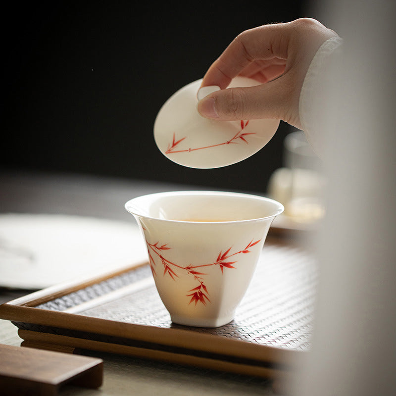 Mutton Fat Jade Porcelain Red Bamboo Tea Set - Zen&Sip