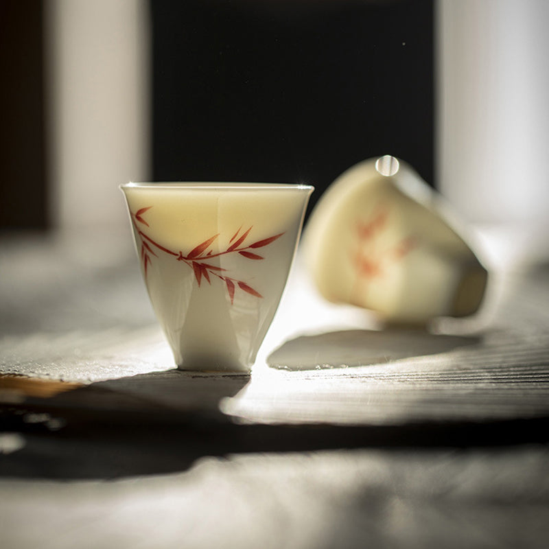 Mutton Fat Jade Porcelain Red Bamboo Tea Set - Zen&Sip