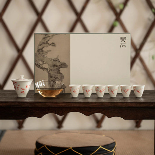 Mutton Fat Jade Porcelain Red Bamboo Tea Set - Zen&Sip