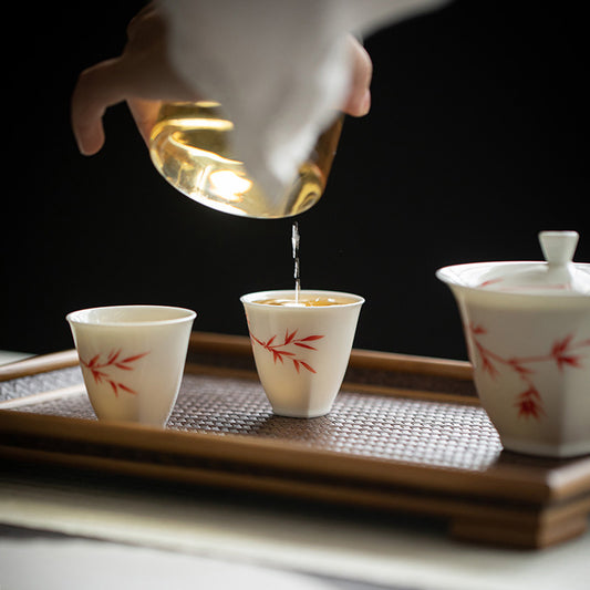 Mutton Fat Jade Porcelain Red Bamboo Tea Set - Zen&Sip